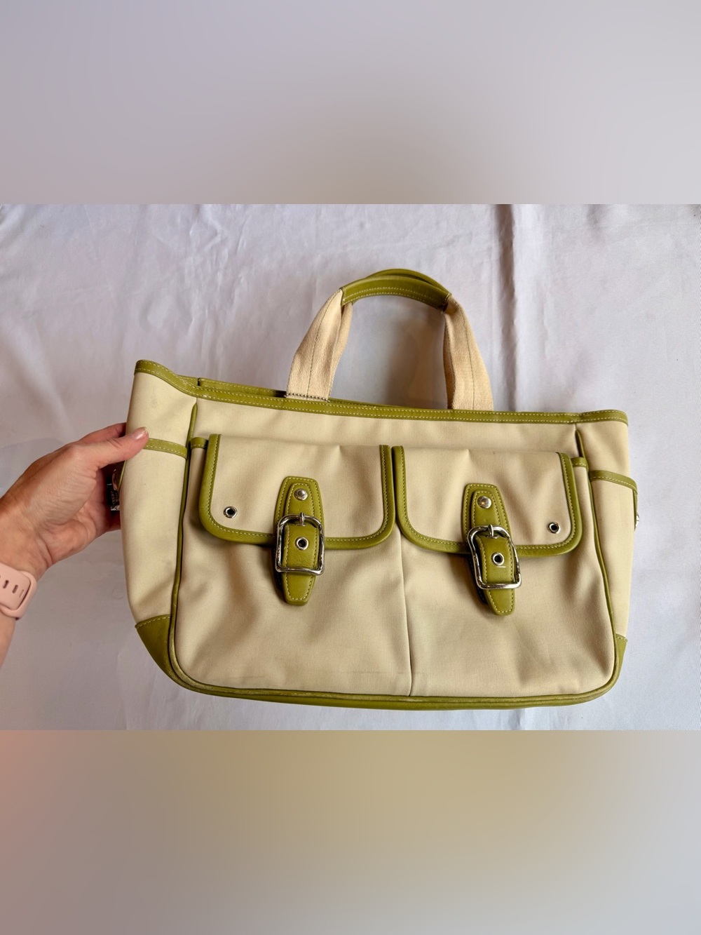 Vintage Coach No 6734 Hamptons Garden Tote Cream Canvas & Apple Green Leather
